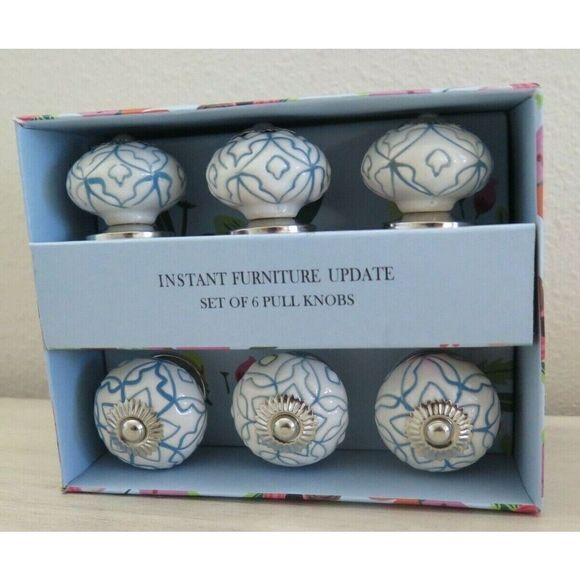 Instant Furniture Update Blue & White Decorative Ceramic Pull Knobs, Set Of 6 - Picture 2 of 8